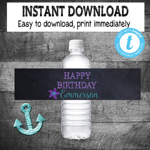 Mermaid Water Label | Edit Yourself Mermaid Water Bottle Label | Mermaid First  Birthday  | Purple Teal  | INSTANT DOWNLOAD