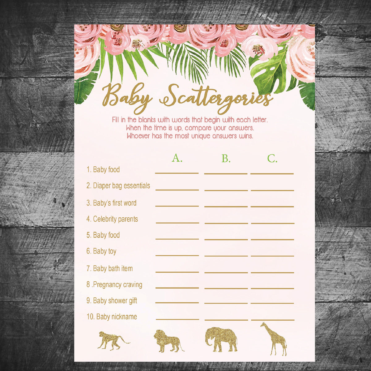 Safari Animal Scattergories Game | Baby Shower Scattergories Game | Ju ...