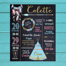 Load image into Gallery viewer, Tribal BIRTHDAY Board, pow wow chalkboard, Tribal, teepee dream catcher First birthday sign, Teal Pink Digital photo prop chalkboard