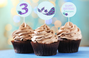 Mermaid CUPCAKE toppers | Edit Yourself Mermaid  cupcake Toppers , Cupcake Labels | Mermaid First Birthday | Purple Teal  | INSTANT DOWNLOAD