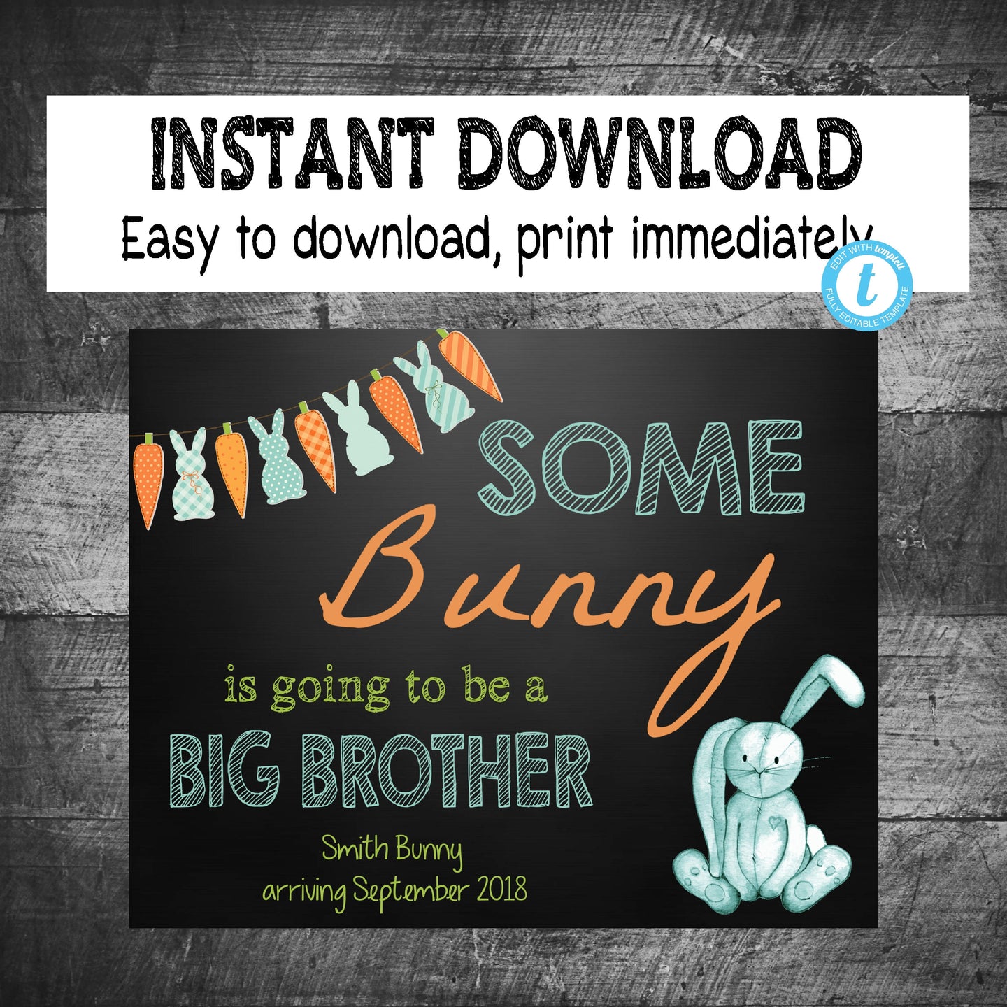 EASTER PREGNANCY ANNOUNCEMENT | Some bunny  big brother, boy Easter chalkboard, pregnancy reveal, Photo Prop, Edit Yourself Instant download