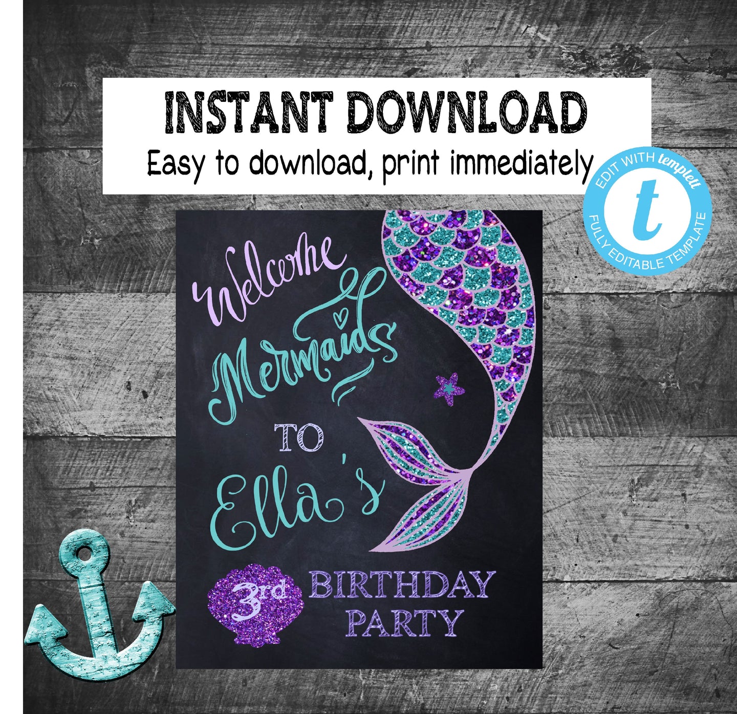 welcome Mermaids SIGN| Edit Yourself - Welcome mermaids party sign |Mermaid Decoration First  Birthday  | Purple Teal  | INSTANT DOWNLOAD