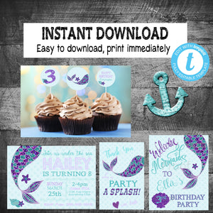 Mermaid Party Package, Invitation, Thank you, welcome sign, cupcake topper, Mermaid Birthday bundle, Purple Teal  | edit yourself instantly
