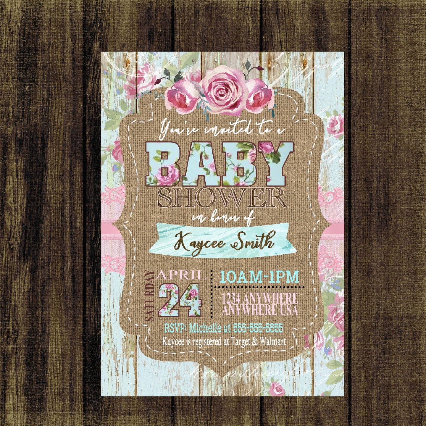 Shabby Chic BABY SHOWER Invitation, Rose Floral, Rustic, Wood  Baby Shower Invitation, Vintage Baby shower invitation, Invite, Burlap Lace