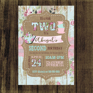 Shabby Chic Birthday  Tea Invitation, Rose Floral, Rustic, Wood, Tea  Birthday Invite, Vintage Birthday, TWO Tea Party  Burlap