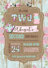 Load image into Gallery viewer, Shabby Chic Birthday  Tea Invitation, Rose Floral, Rustic, Wood, Tea  Birthday Invite, Vintage Birthday, TWO Tea Party  Burlap