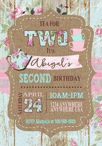 Shabby Chic Birthday  Tea Invitation, Rose Floral, Rustic, Wood, Tea  Birthday Invite, Vintage Birthday, TWO Tea Party  Burlap