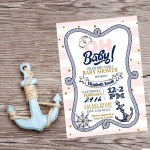 Nautical Baby SHower Invitation, Pink Gold, Anchor, Nautical Party, Invite, Nautical Boy Shower,Girl Baby Shower, Baby Shower Invite,