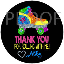 Load image into Gallery viewer, Roller Skating Thank you TAG | Edit Yourself Disco Roller Skate Favor tags, Thank you Label |  Birthday  | Neon Glitter  | INSTANT DOWNLOAD