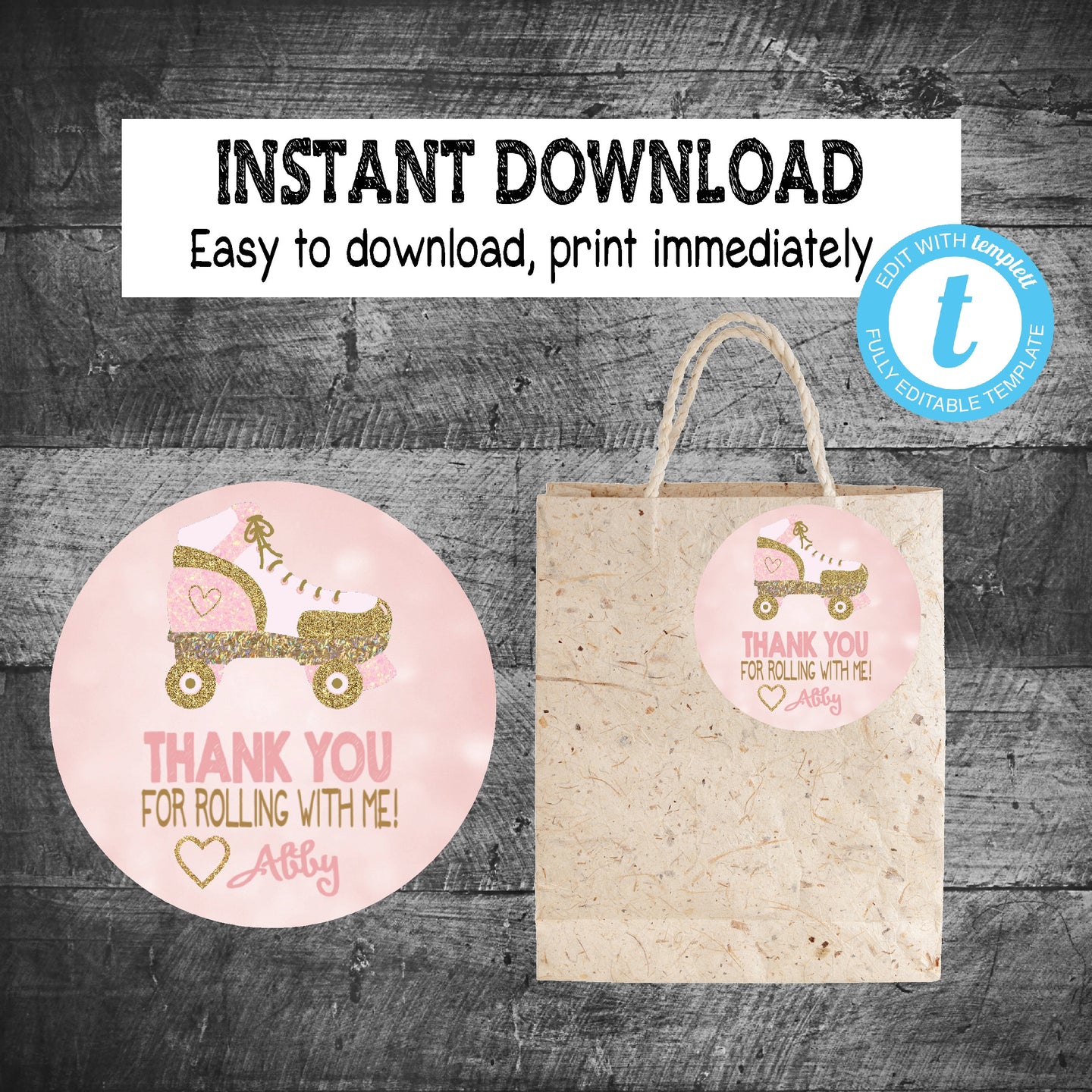 Roller Skating Thank you TAG | Edit Yourself Disco Roller Skate Favor tags, Pink Gold Thank you Label |  Birthday, Glitter, INSTANT DOWNLOAD