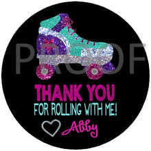 Load image into Gallery viewer, Roller Skating Thank you TAG | Edit Yourself Disco Roller Skate Favor tags, Thank you Label |  Birthday  | Glitter  | INSTANT DOWNLOAD