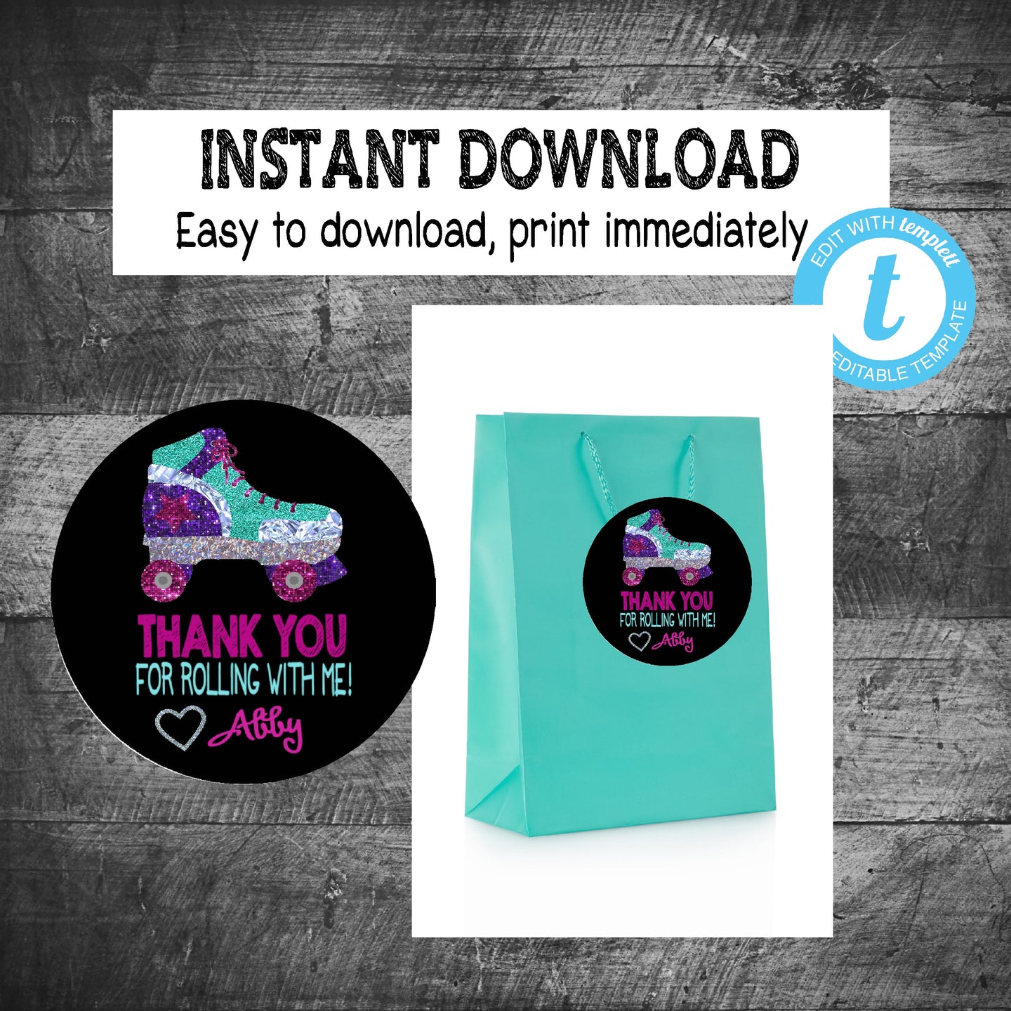 Roller Skating Thank you TAG | Edit Yourself Disco Roller Skate Favor tags, Thank you Label |  Birthday  | Glitter  | INSTANT DOWNLOAD