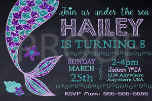 Mermaid Chalkboard Bundle INVITATION time capsule BIRTHDAY BOARD | Mermaid invite | Birthday invite | Glitter purple teal | Digital edit