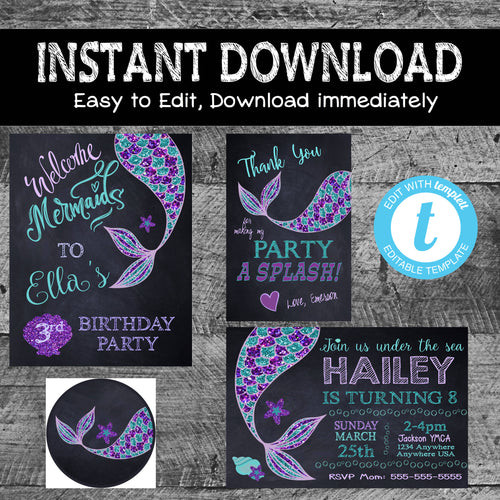 Mermaid Birthday invitation Package digital | Mermaid Invite, Thank You, Cupcake, Welcome | Glitter Purple | Instant Download | Chalkboard