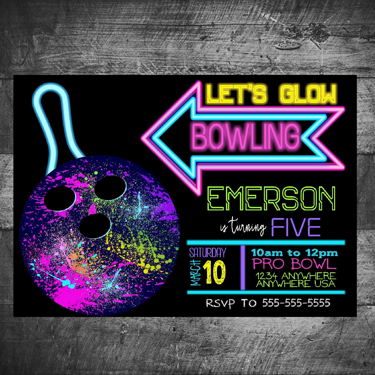 Neon Glow Bowling Birthday invitation, Bowling invitation, Neon, Bowling party invite, Bowling birthday, Bowl, Bowling Party Digital file