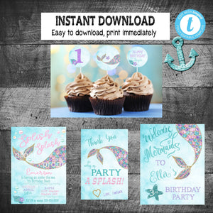 MERMAID PARTY BUNDLE | Invitation | Welcome Sign | Cupcake Toppers | Thank you cards | Edit Yourself | Instant Download | Mermaid invite