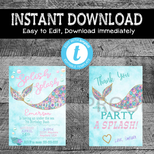 Mermaid Party Package | Mermaid Birthday Bundle | Invitations | Thank You Cards | Digital Instant Download | Edit Yourself