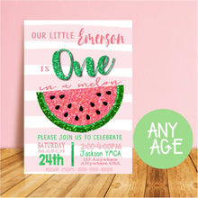 Load image into Gallery viewer, Watermelon Birthday Invitation, One in a melon Birthday Invitation , Tutti Fruity Pink Glitter Invite, Watermelon, Little Sweetie invitation