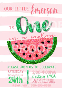 Watermelon Birthday Invitation, One in a melon Birthday Invitation , Tutti Fruity Pink Glitter Invite, Watermelon, Little Sweetie invitation