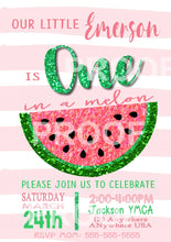 Load image into Gallery viewer, Watermelon Birthday Invitation Thank You, One in a melon Birthday Invitation , Tutti Fruity Pink Glitter Invite, Watermelon, Little Sweetie