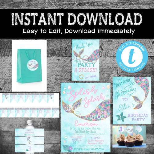 MERMAID PARTY PACKAGE | Mermaid Birthday Bundle | Instant Download | Mermaid Birthday Pack | Digital Invitations Welcome Thank You Banner