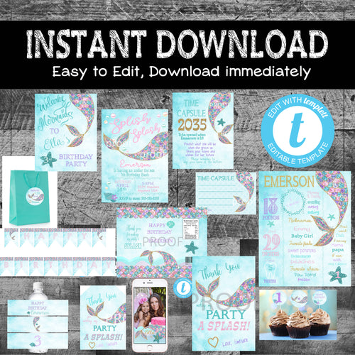 Mermaid Birthday Bundle | Mermaid Party Package | Digital Instant Download | Invitation Welcome Sign Water Bottle Banner | Birthday Board