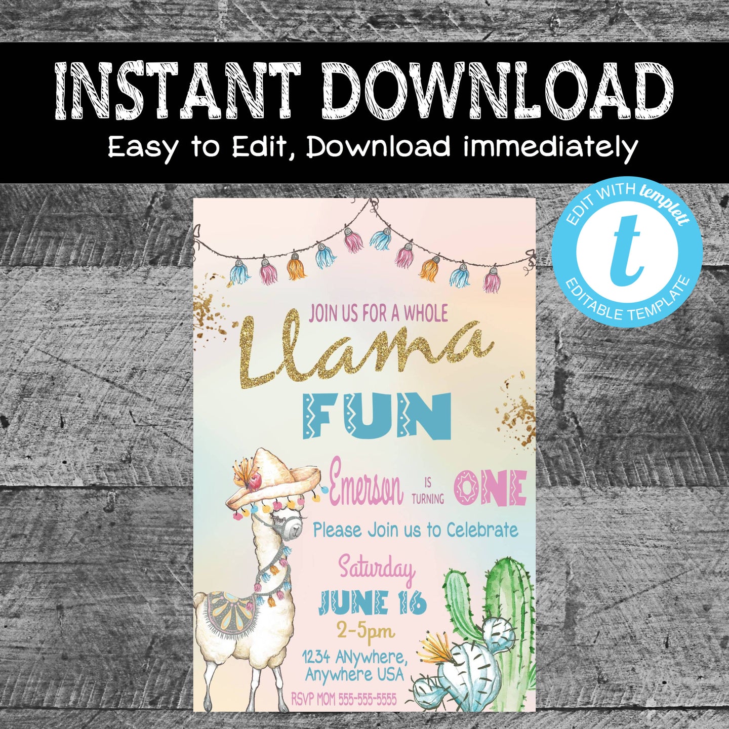 LLAMA Birthday invite | Llama invitation | Digital instant download | Edit yourself | Cactus Alpaca | Southwestern | first birthday