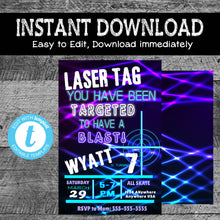 Load image into Gallery viewer, LASER TAG Birthday Invite | Laser tag invitation | Birthday Invitation | Neon | Chalkboard | Edit Yourself | Instant Download | Printable