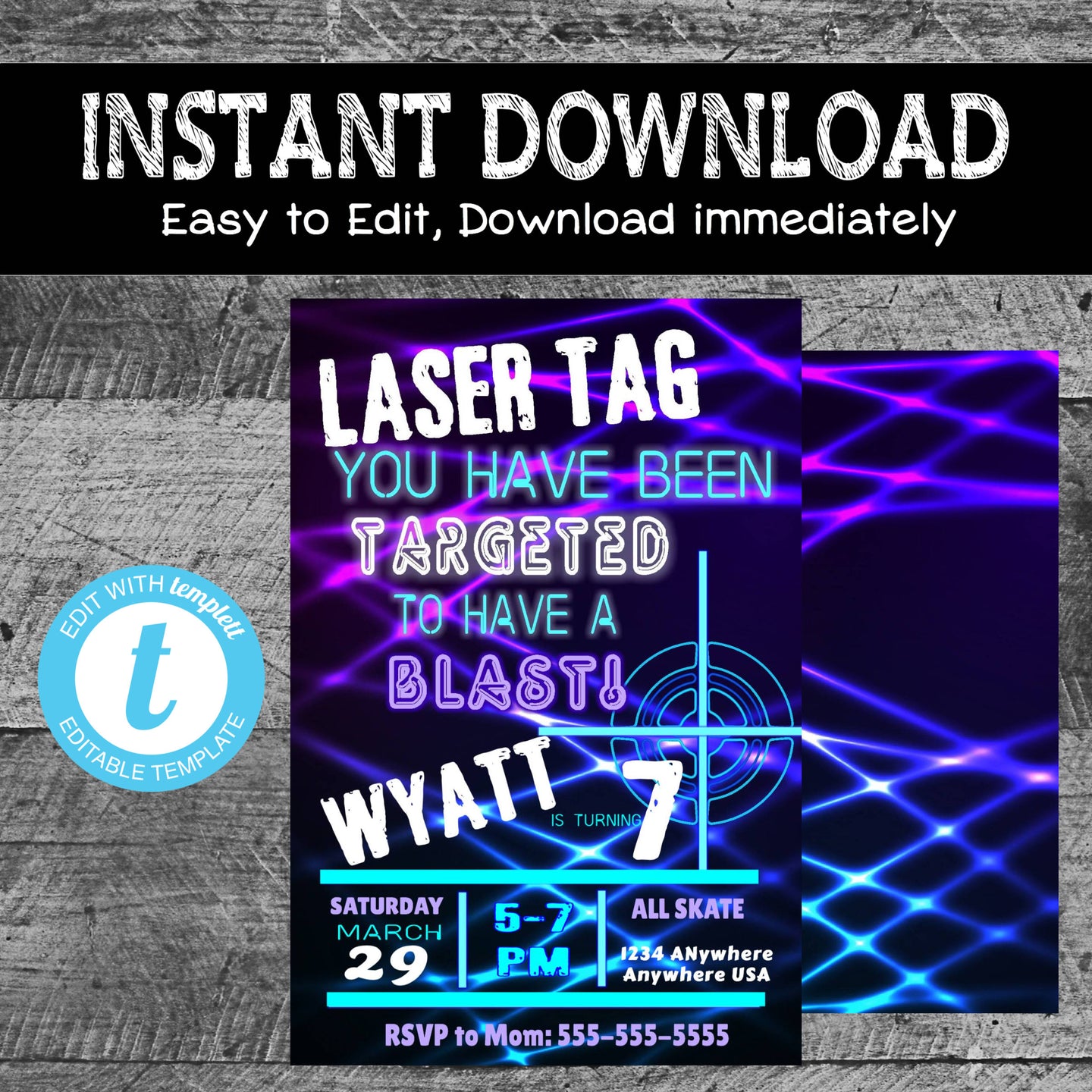 LASER TAG Birthday Invite | Laser tag invitation | Birthday Invitation | Neon | Chalkboard | Edit Yourself | Instant Download | Printable