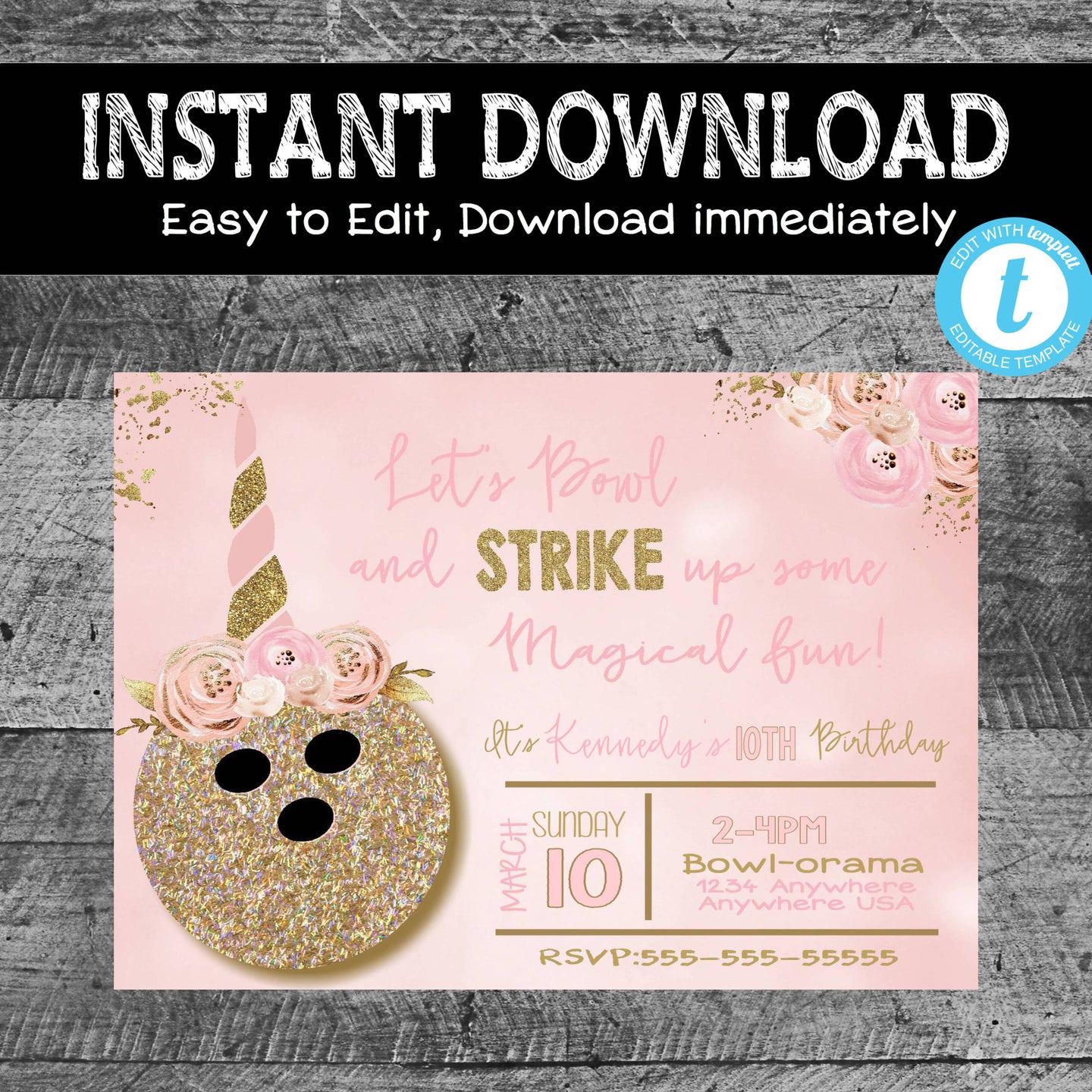 Unicorn Bowling Birthday Party Invite | Magical Bowling Invitation | Girls Birthday | Printable | Edit Yourself | Instant Download | Glitter