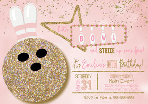 Girls Bowling Birthday invitation, Bowling invite, Pink Gold Girl, Bowling party invite, Bowling birthday, STRIKE,Bowling Party Digital file