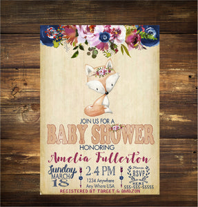 FOX INVITATION, Fox baby Shower invite,  Woodland Baby shower | Tribal Flower invitations | Watercolor invitations Fox Baby SHower