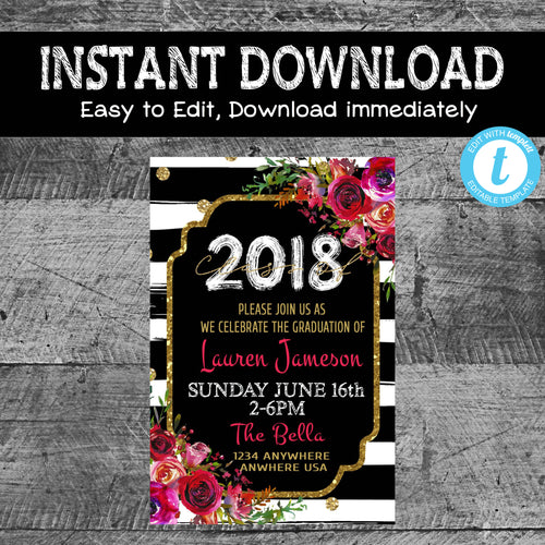 Graduation Invitation | Floral Grad Announcement | Printable | Instant Download | Edit Yourself | Graduation Announcement, Stripe Invite