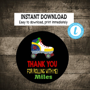Roller Skating Thank you TAG | Edit Yourself Disco Roller Skate Favor tags, Thank you Label |  Birthday  | boy Colors  | INSTANT DOWNLOAD