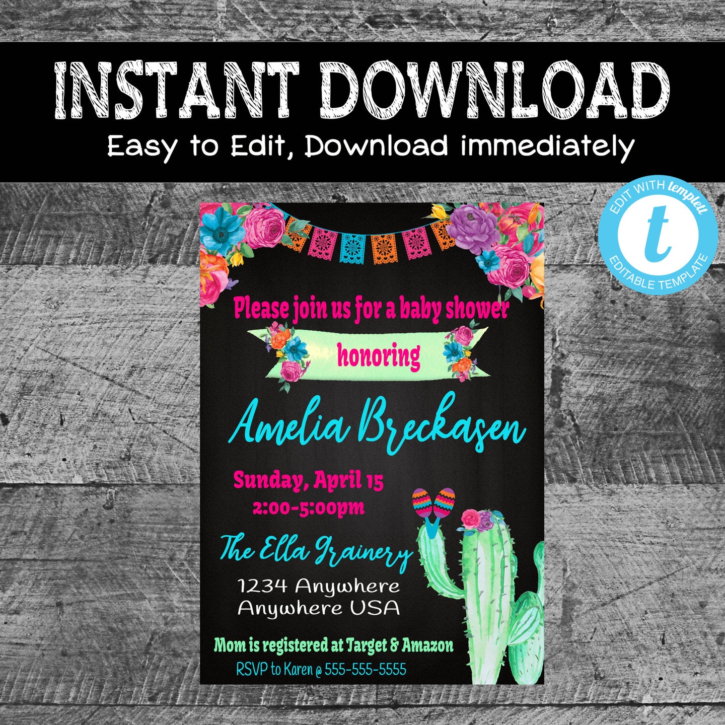 FIESTA Baby Shower Invitation | Mexicana baby shower invite | Printable instant download | Cactus Succulent Fiesta | Edit Yourself