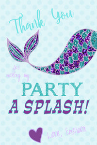 Mermaid Thank you| Edit Yourself Mermaid Thank you card | Mermaid Party | Instant download | Chalk Glitter Purple Teal  | INSTANT DOWNLOAD