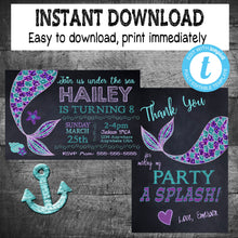Load image into Gallery viewer, Mermaid Invitation  Thank you| Edit Yourself Mermaid Invite and Thank you card | Mermaid Party | Invite |Purple Teal  | INSTANT DOWNLOAD