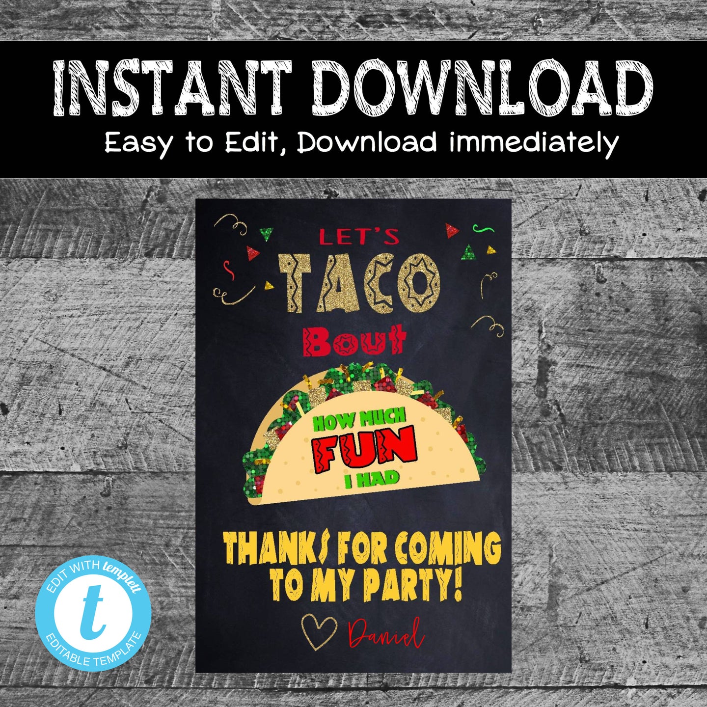 Printable Taco Bout How Much Fun I Had Thank You Note | Fiesta thank you card | Instant Download Editable | Thanks for coming to my party