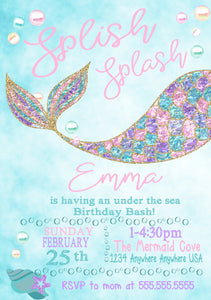 Mermaid Birthday Invite, Mermaid Party, Pink, gold, Teal, Glitter, Mermaid Tail, Birthday invitation, Under the Sea,Pool Party,Mermaid decor