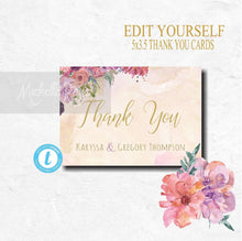 Load image into Gallery viewer, Wedding Thank You Cards | Printable | You Edit | Instant Download | Thank You Notes | Floral | Editable thank you cards | Purple Coral Peach
