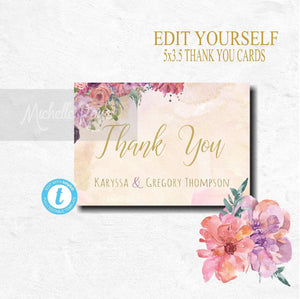 Wedding Thank You Cards | Printable | You Edit | Instant Download | Thank You Notes | Floral | Editable thank you cards | Purple Coral Peach