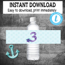 Load image into Gallery viewer, Mermaid Water BOTTLE  Label | Edit Yourself Mermaid Water Bottle Label | Mermaid First  Birthday  | Purple Teal  | INSTANT DOWNLOAD