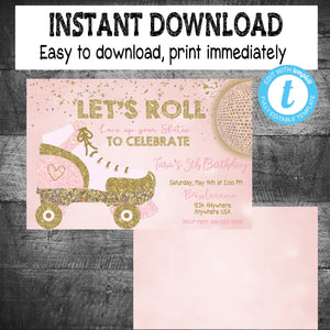 Roller skate Invitation | Edit Yourself Skating invite |Roller Skating Birthday Party | Instant download  girls Glitter Gold | editable bowl