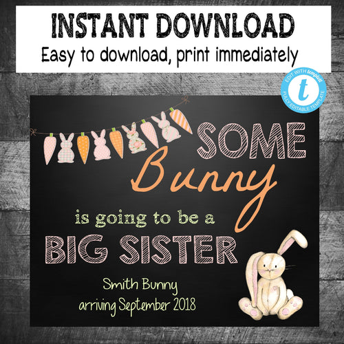 EASTER PREGNANCY ANNOUNCEMENT | Some bunny  big sister, Easter chalkboard, pregnancy reveal, Photo Prop, Edit Yourself Instant download