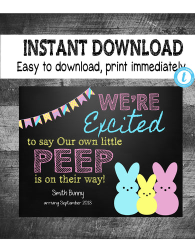 EASTER PREGNANCY ANNOUNCEMENT | Peeps, Peep, Our own little, Easter chalkboard, pregnancy reveal, Photo Prop, Edit Yourself Instant download