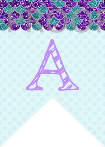 Mermaid Banner  | Edit Yourself Mermaid Birthday Bannerl | Mermaid First  Birthday - Includes all letters | Purple Teal  | INSTANT DOWNLOAD