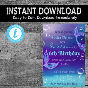 Under the Sea Birthday Invitation | Mermaid Birthday Invite | Mermaid Party Invitation | Printable | Editable | Instant Download | Glitter