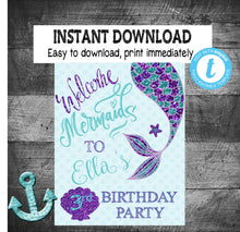 Load image into Gallery viewer, Mermaid Party Package, Invitation, Thank you, welcome sign, cupcake topper, Mermaid Birthday bundle, Purple Teal  | edit yourself instantly