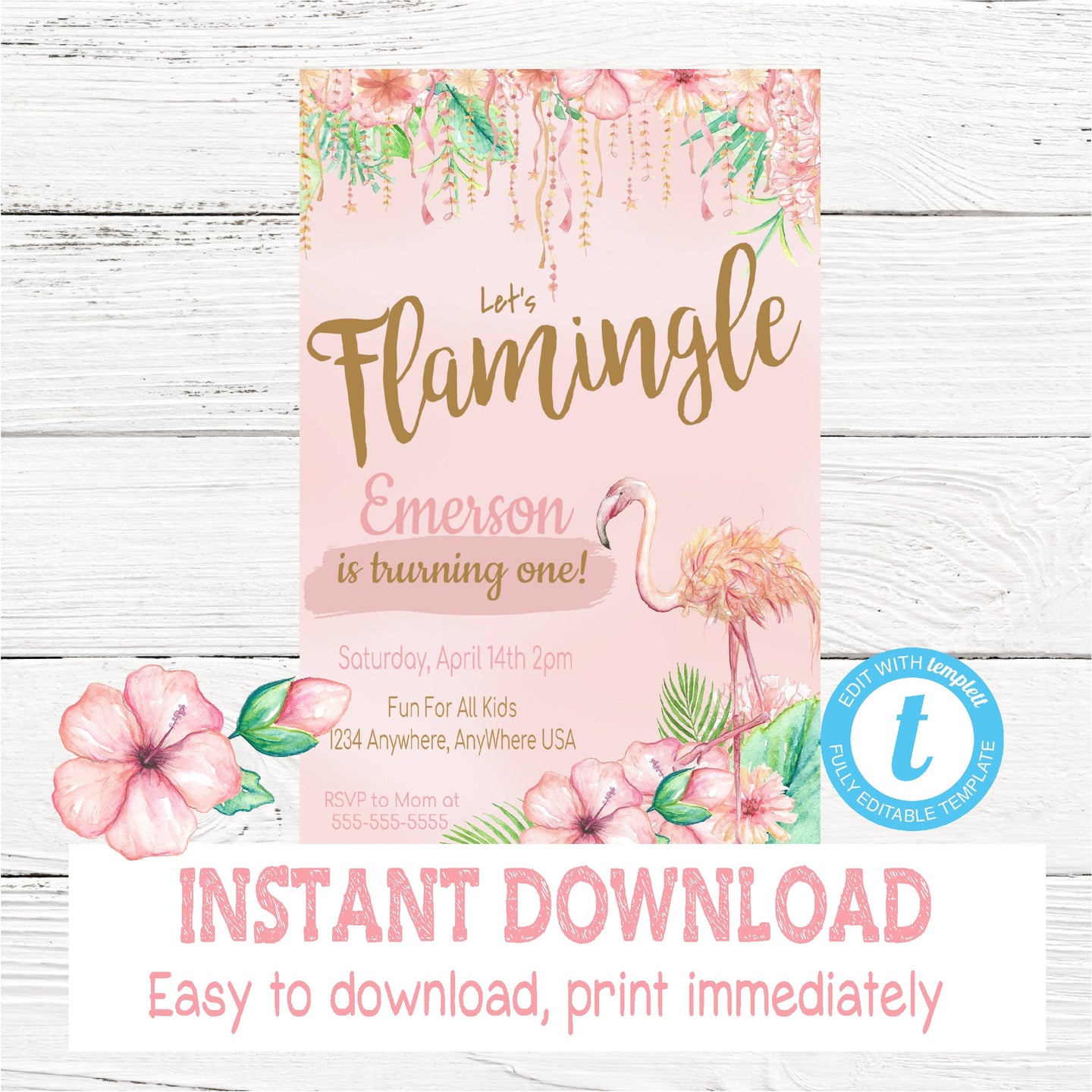 Flamingo Birthday  Invitation | Instant download | Customize Yourself Tropical invite | Flamingo Birthday Party |  Jungle Birthday Party