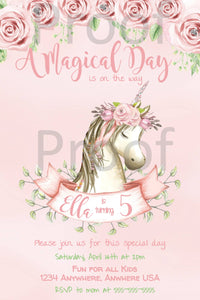 Pink unicorn Birthday  Invitation | Watercolor unicorn Invite | Customize Yourself invite | Unicorn Birthday Party |  Rose Birthday Party